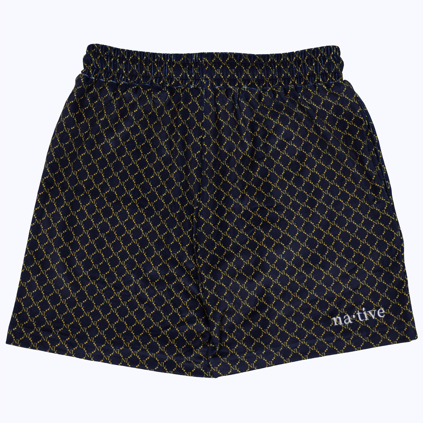 chain linked nl velour shorts in navy/yellow