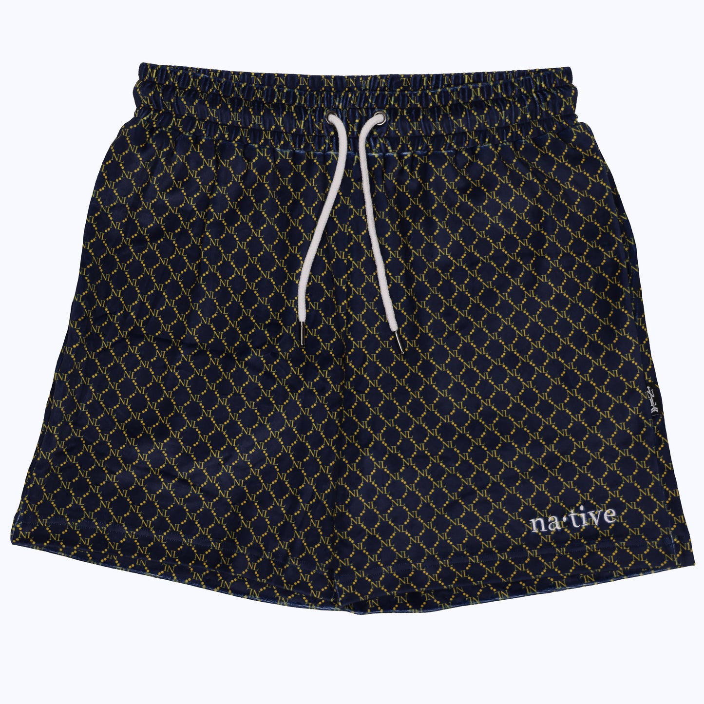chain linked nl velour shorts in navy/yellow