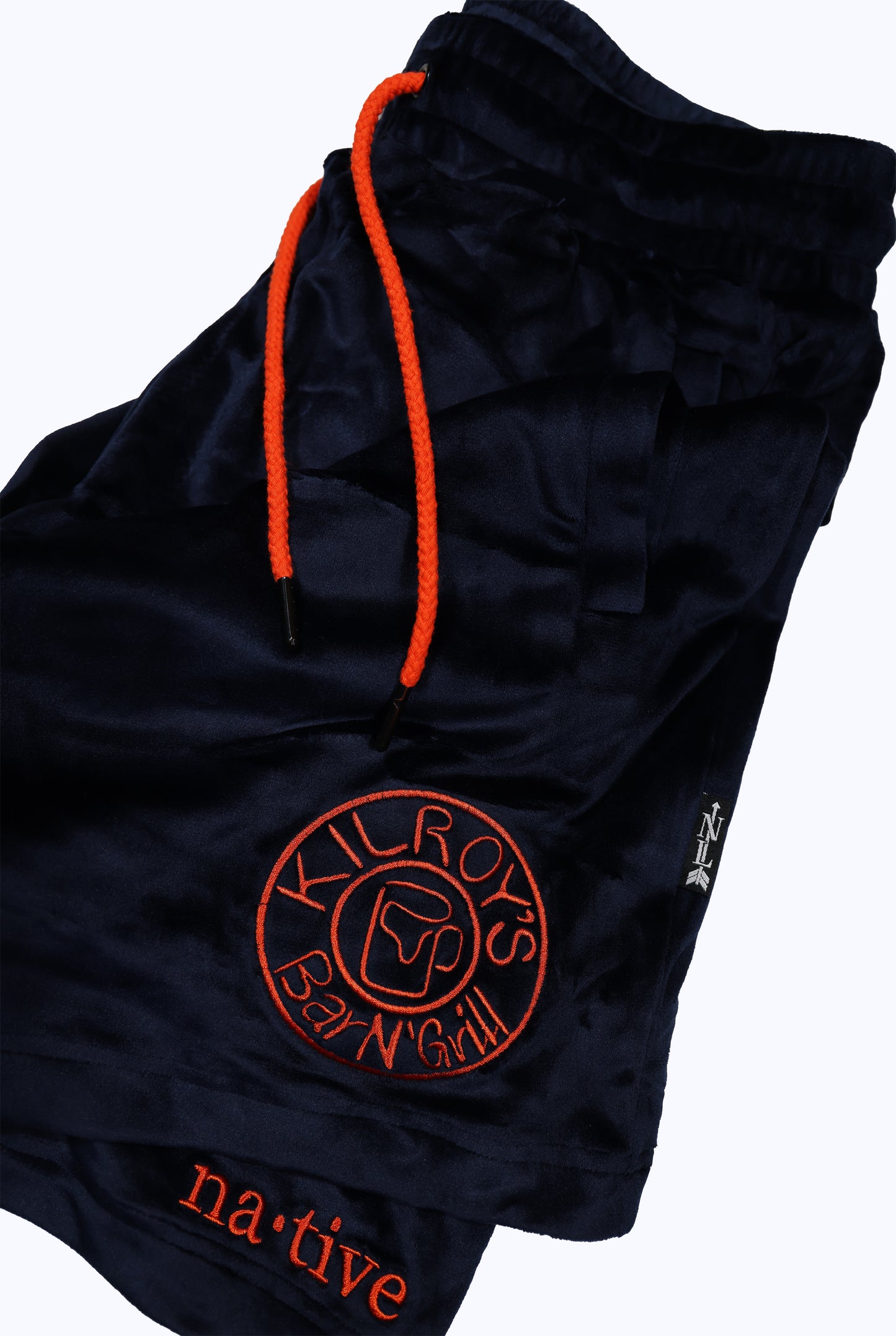 velour shorts in navy/orange with kilroys on kirkwood