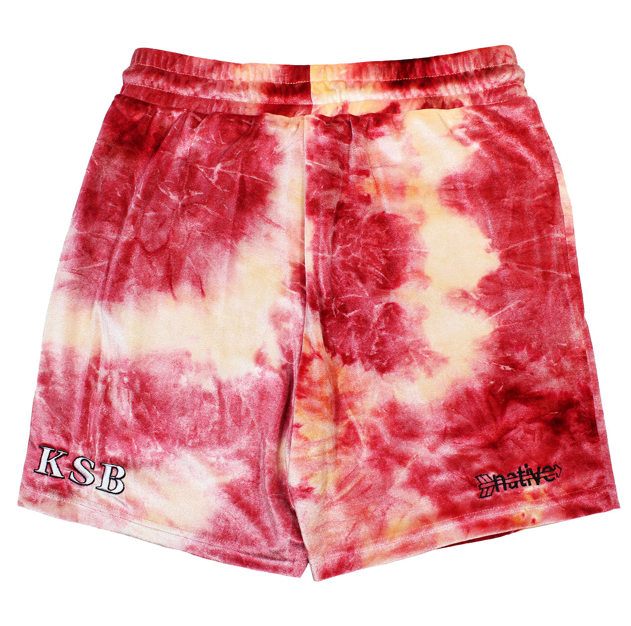 tie dye velvet shorts in crimson/champagne with kilroys sports bar