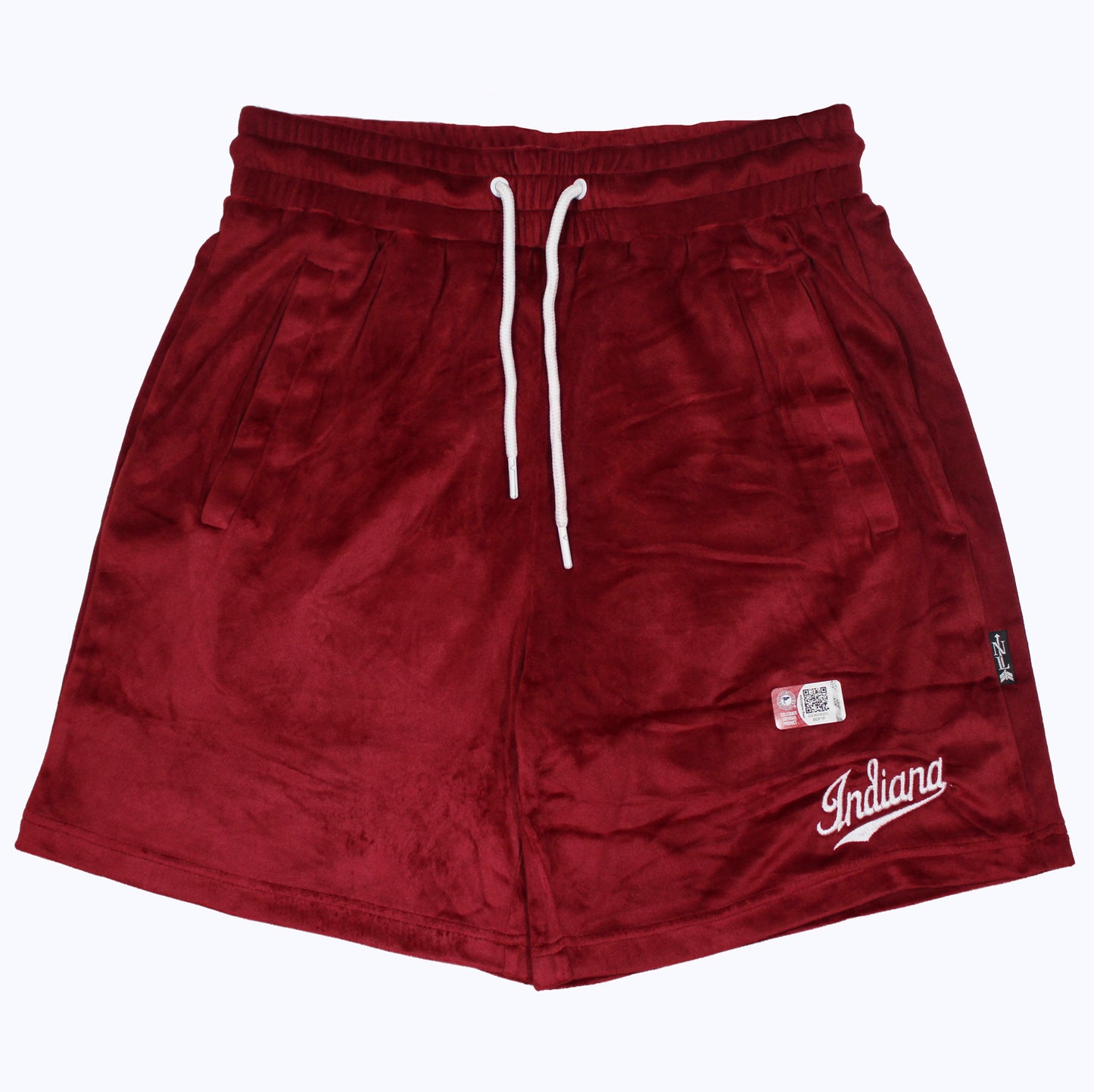 iu script velour shorts in crimson w/ tracks
