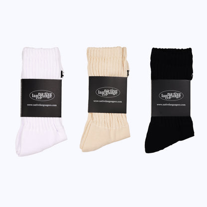 3-pk strider socks (white, cream & black)