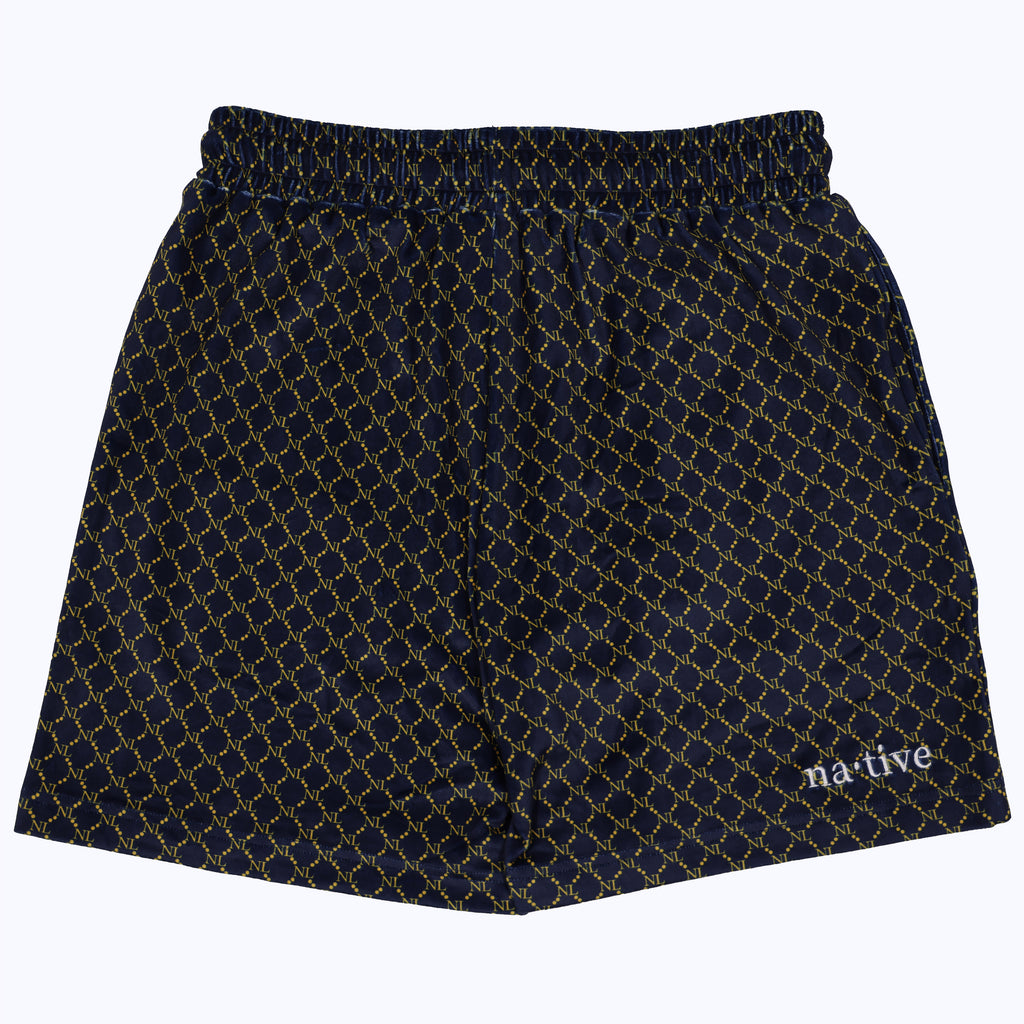 chain linked nl velour shorts in navy/yellow