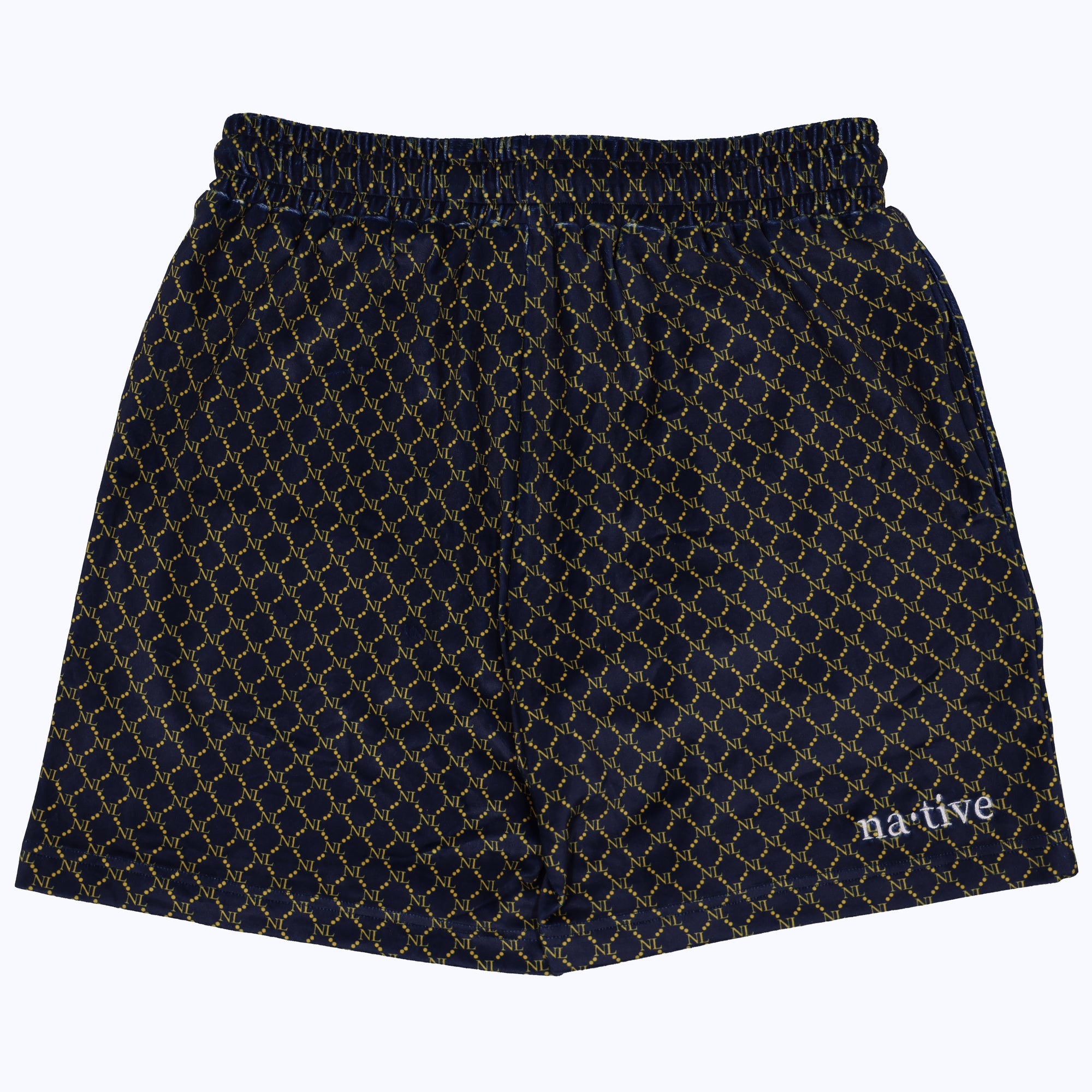 chain linked nl velour shorts in navy/yellow