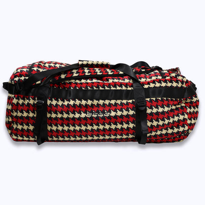 houndstooth velour duffel bag backpack in cream/crimson (black)