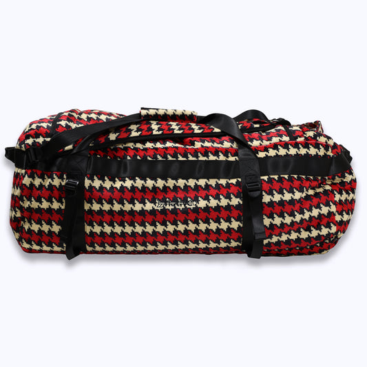 houndstooth velour duffel bag backpack in cream/crimson (black)