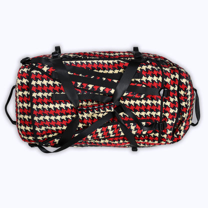 houndstooth velour duffel bag backpack in cream/crimson (black)