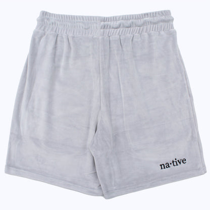 velour shorts in overcast