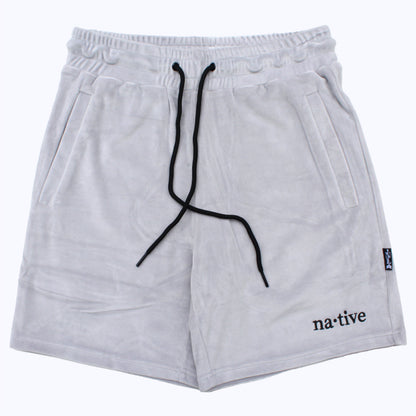 velour shorts in overcast