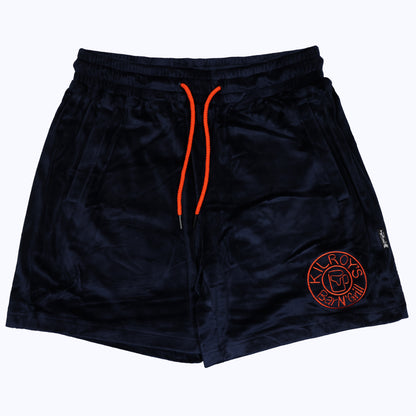 velour shorts in navy/orange with kilroys on kirkwood