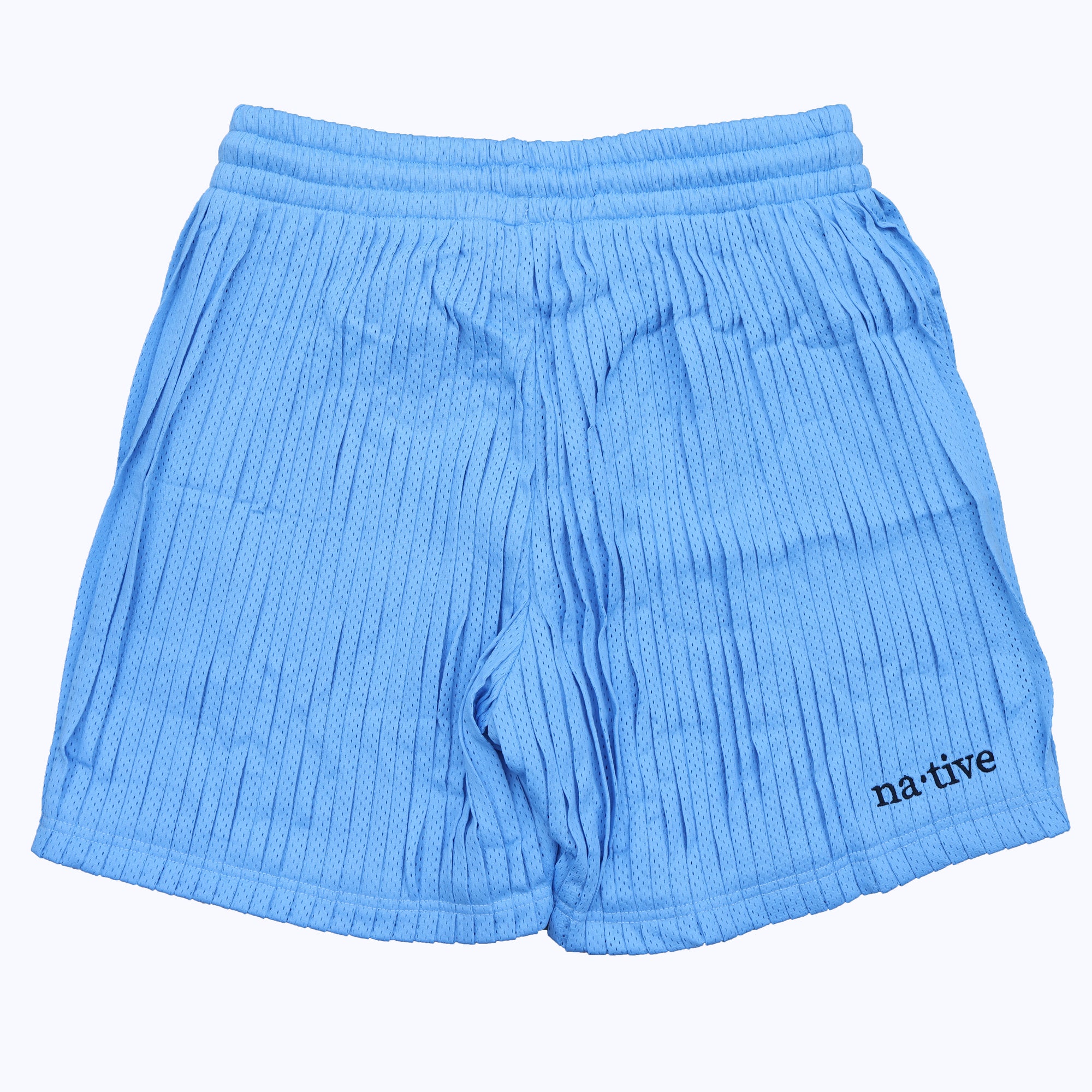 pleated mesh shorts in baby blue