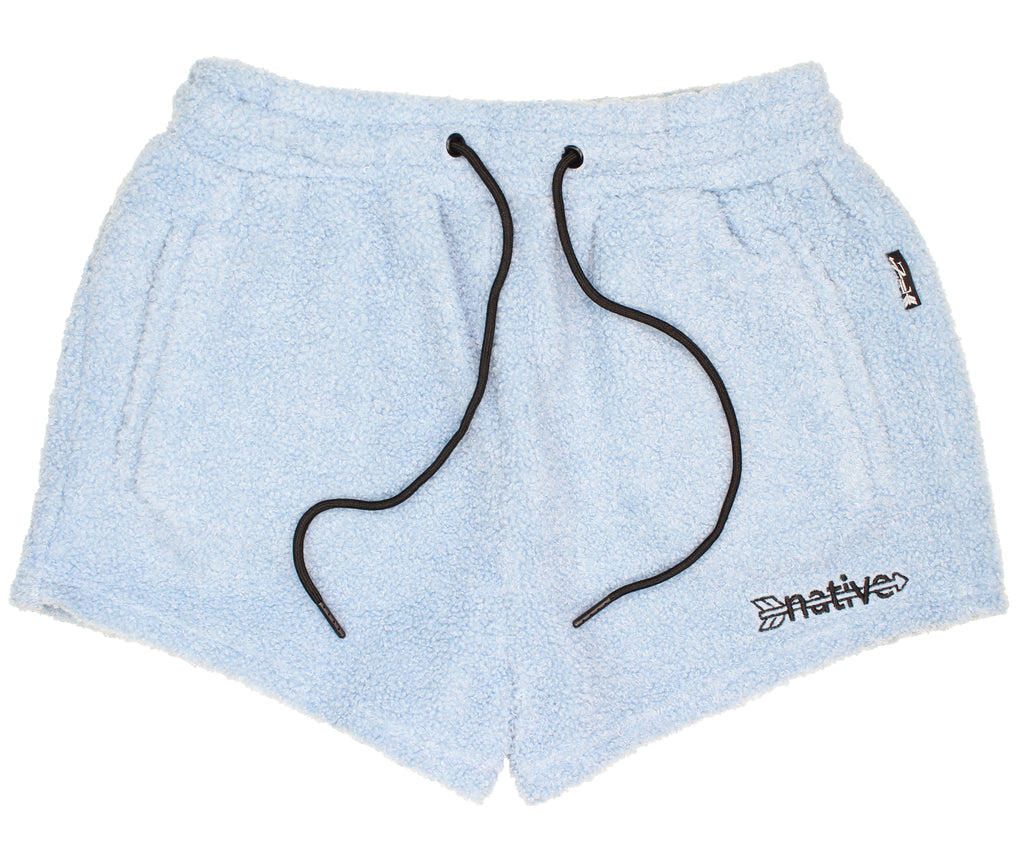 sherpa shorties in baby blue