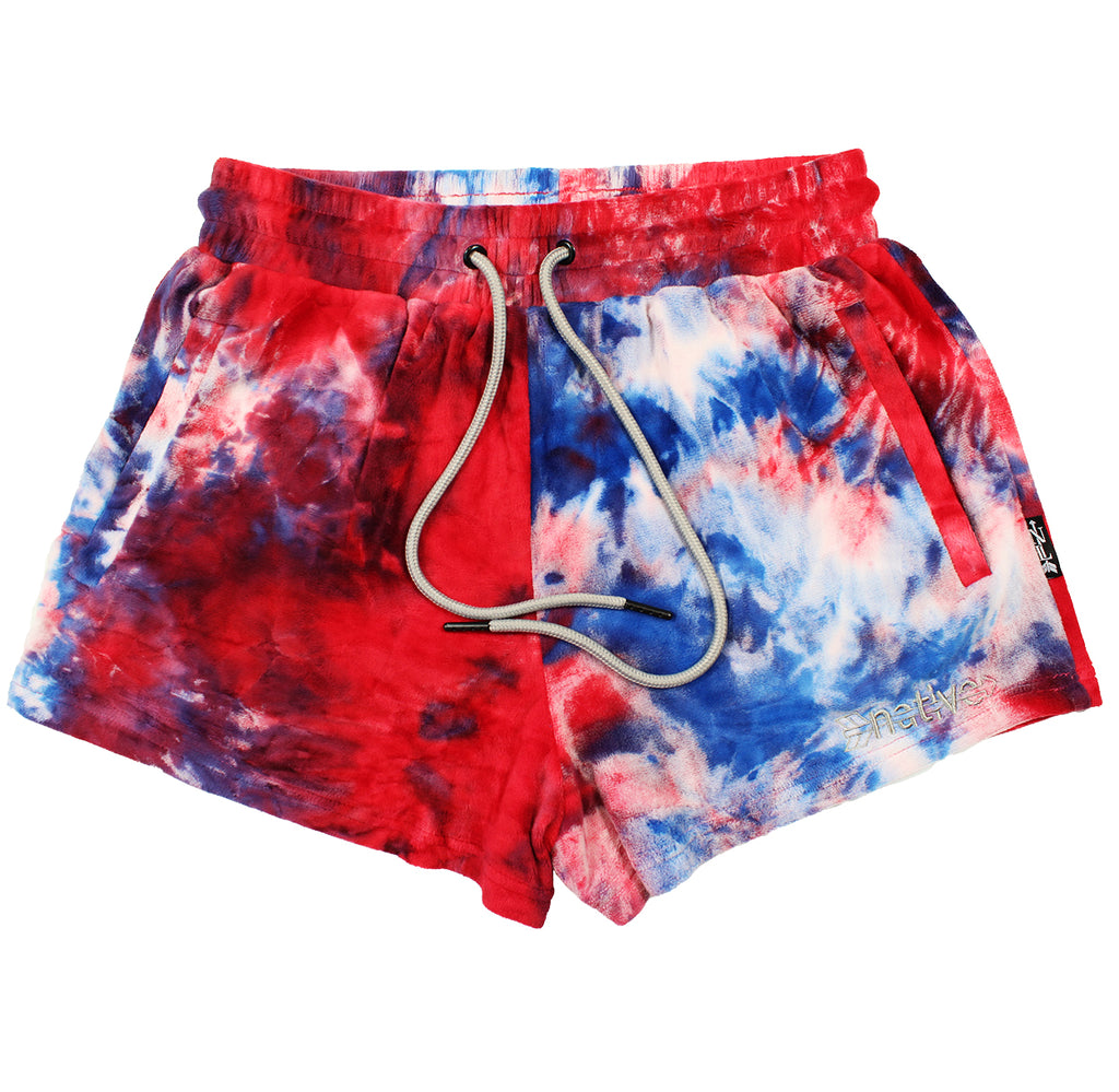 tie dye velour shorties in red/white/blue