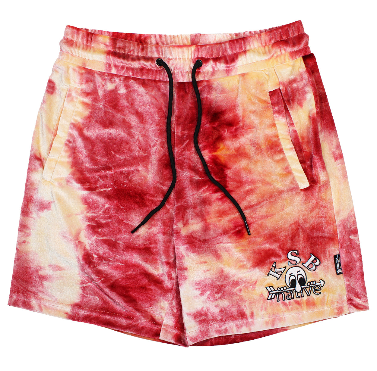 tie dye velvet shorts in crimson/champagne with kilroys sports bar