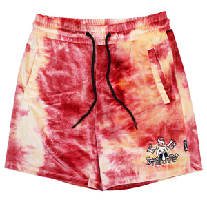 tie dye velvet shorts in crimson/champagne with kilroys sports bar