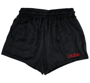 velour shorties in black/red with kilroys on kirkwood