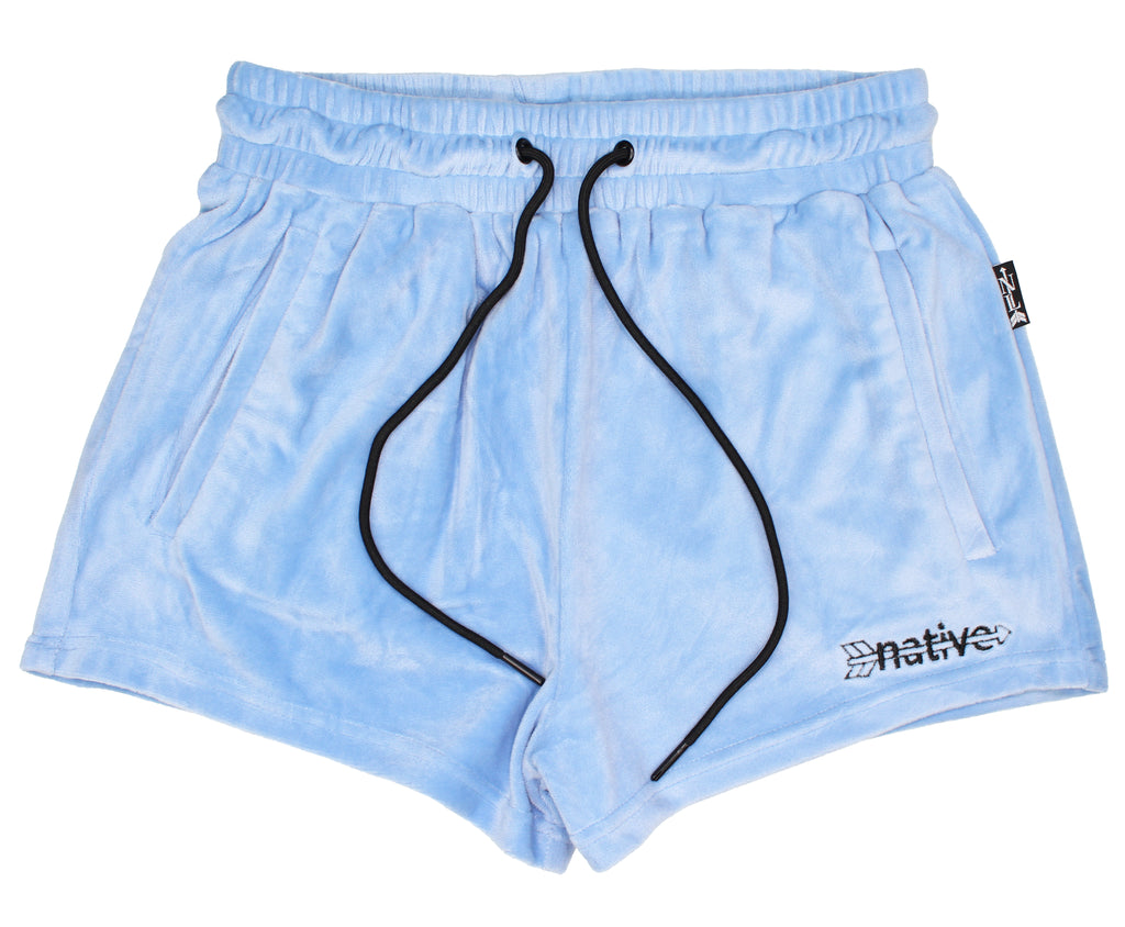 velour shorties in baby blue