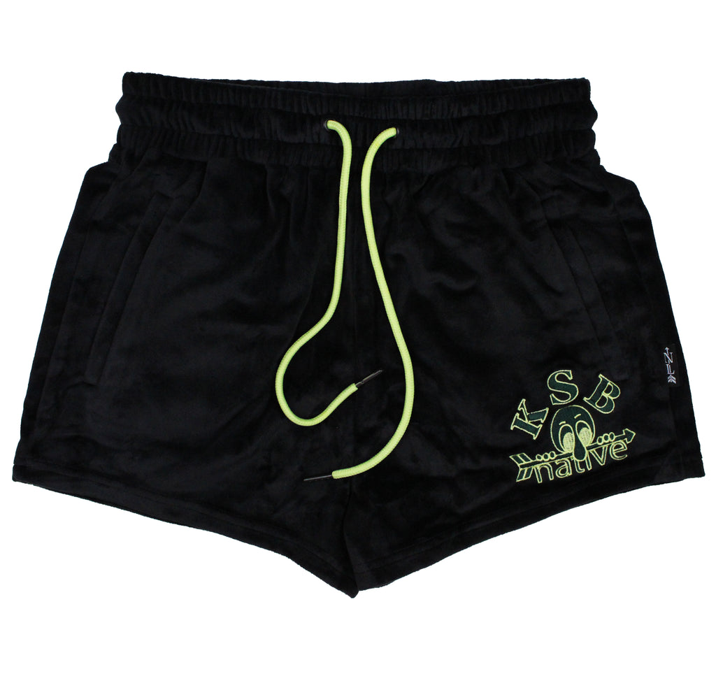 velour shorties in black/lime with kilroys sports bar