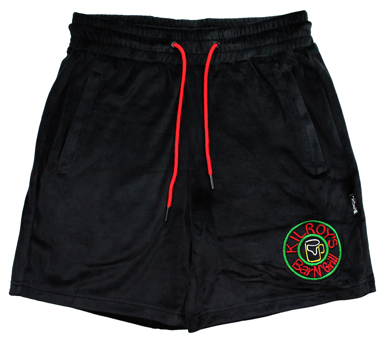 velour shorts in black/red with kilroys on kirkwood
