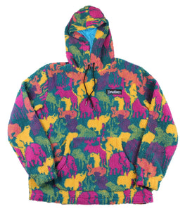 animal camo sherpa pullover hoodie in teal