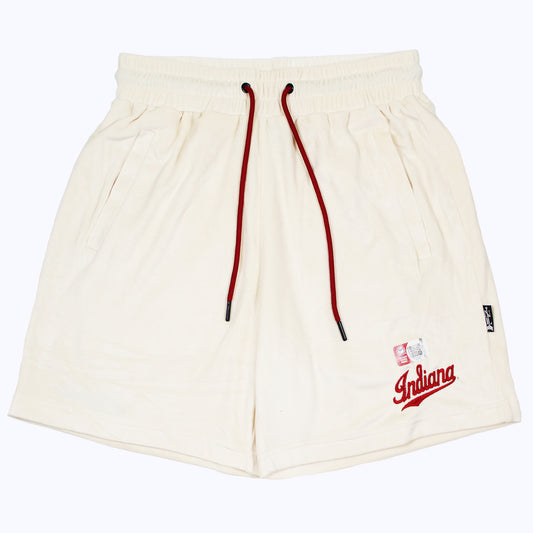 iu script velour shorts in cream w/ tracks