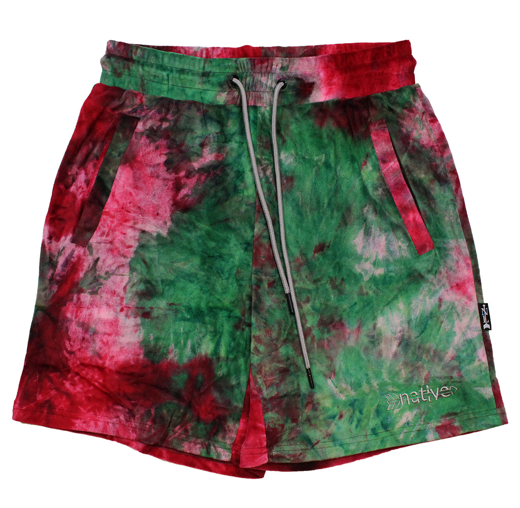 tie dye velour shorts in raspberry/watermelon