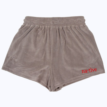 velour shorties in gray/red