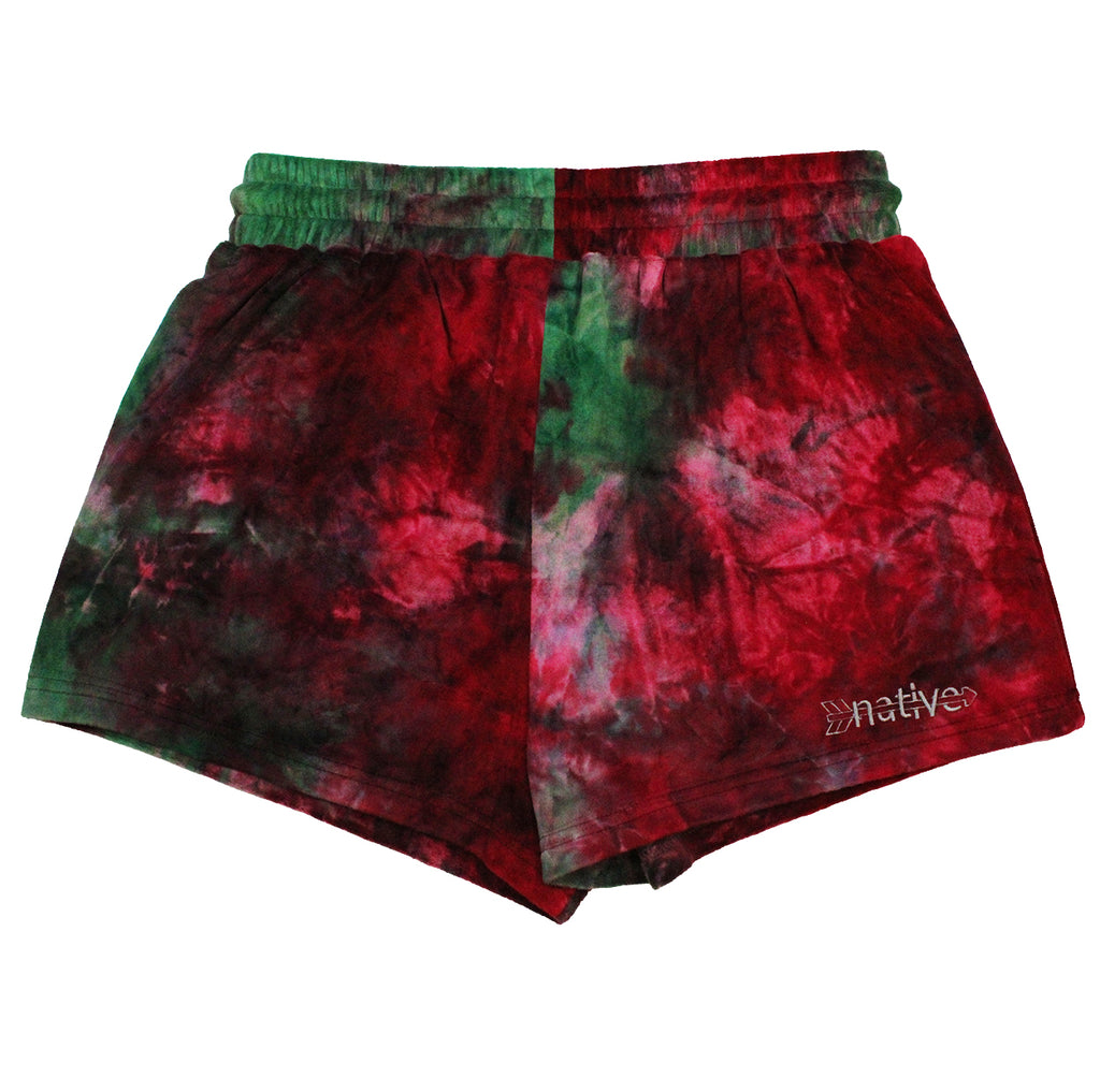 tie dye velour shorties in raspberry/watermelon