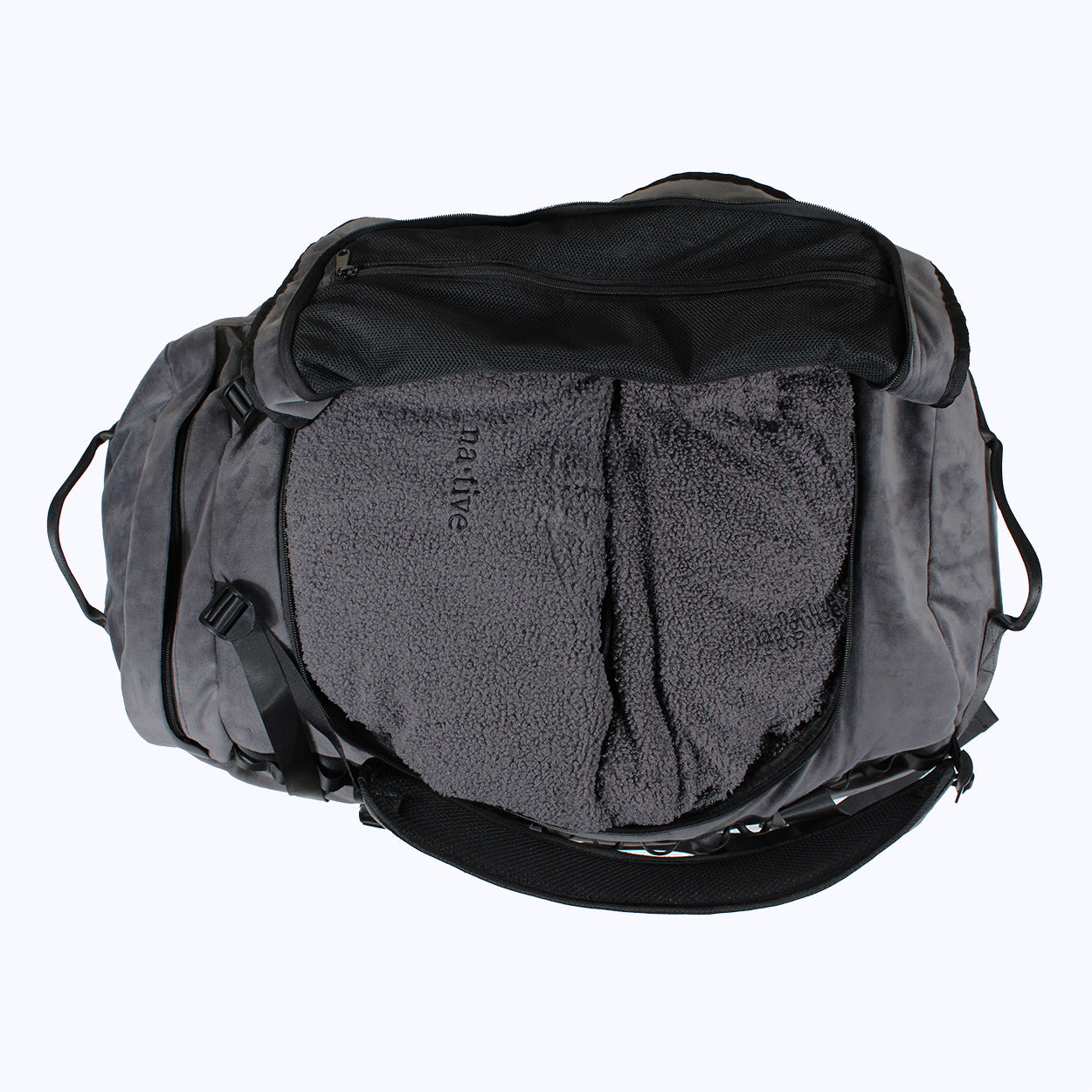 velour duffel bag backpack in charcoal