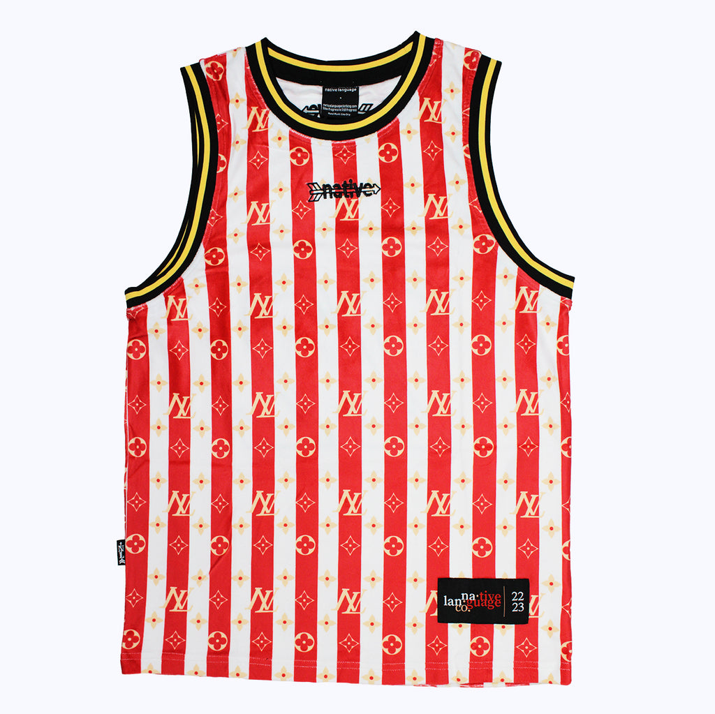 striped nl velour basketball jersey in red/white