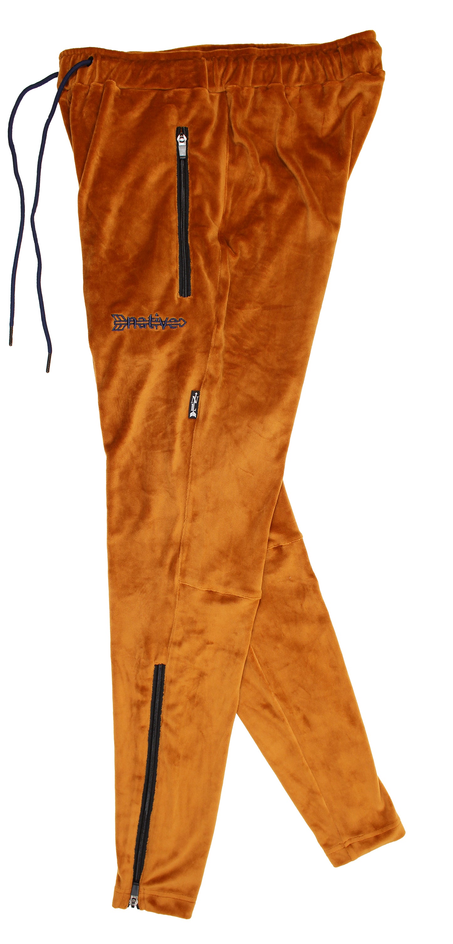 velour soccer sweats in camel/navy