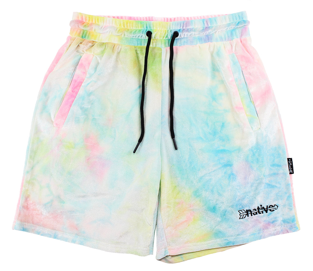 tie dye velvet shorts in rainbow