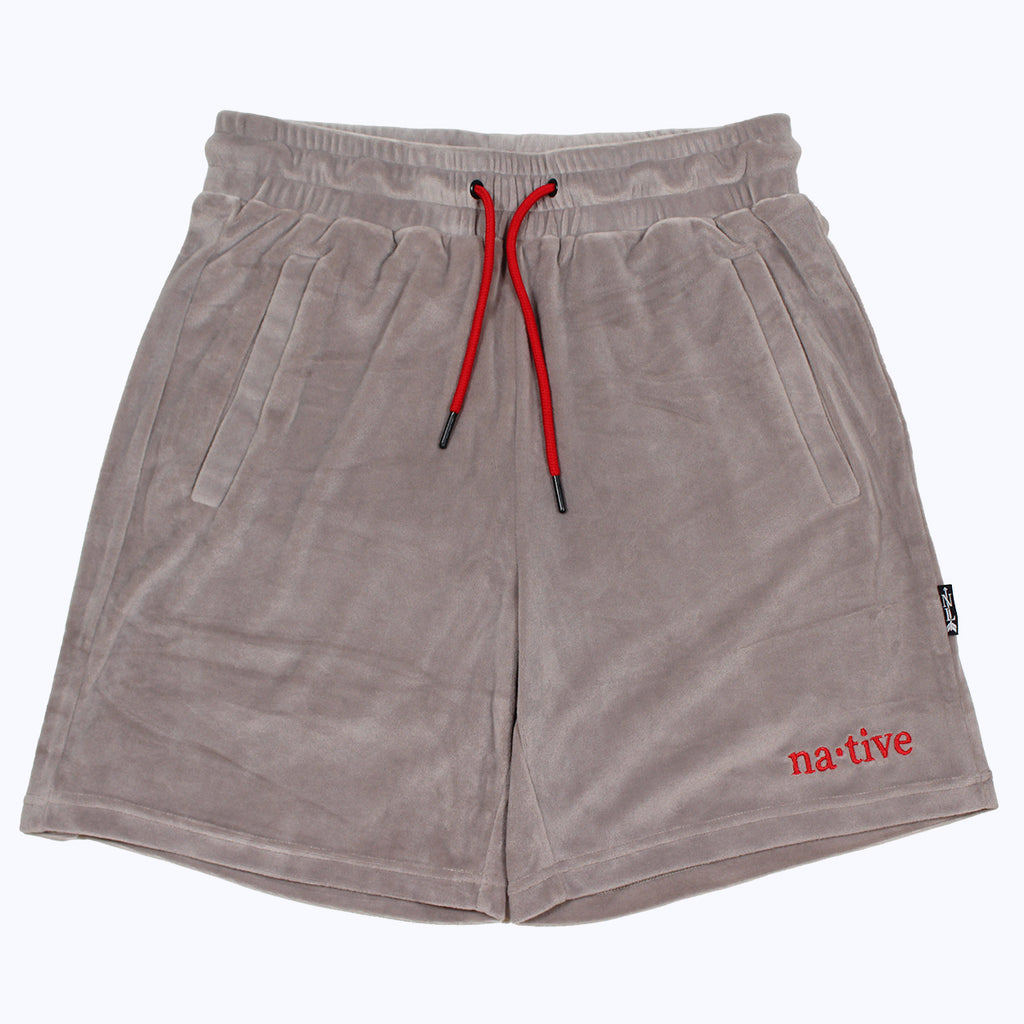 velour shorts in gray/red