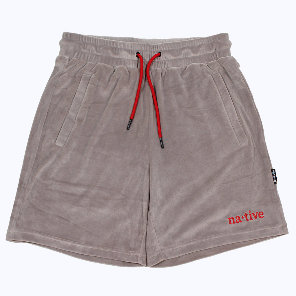 velour shorts in gray/red