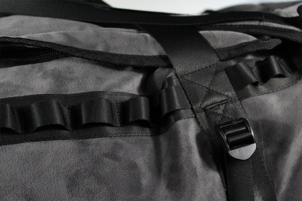 velour duffel bag backpack in charcoal