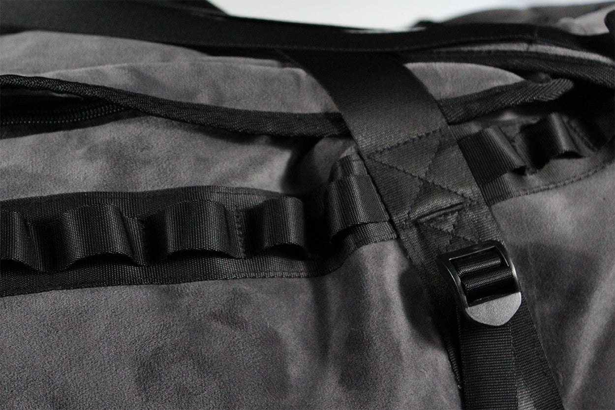 velour duffel bag backpack in charcoal