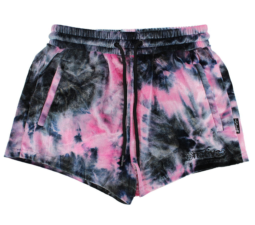tie dye velvet shorties in black/pink