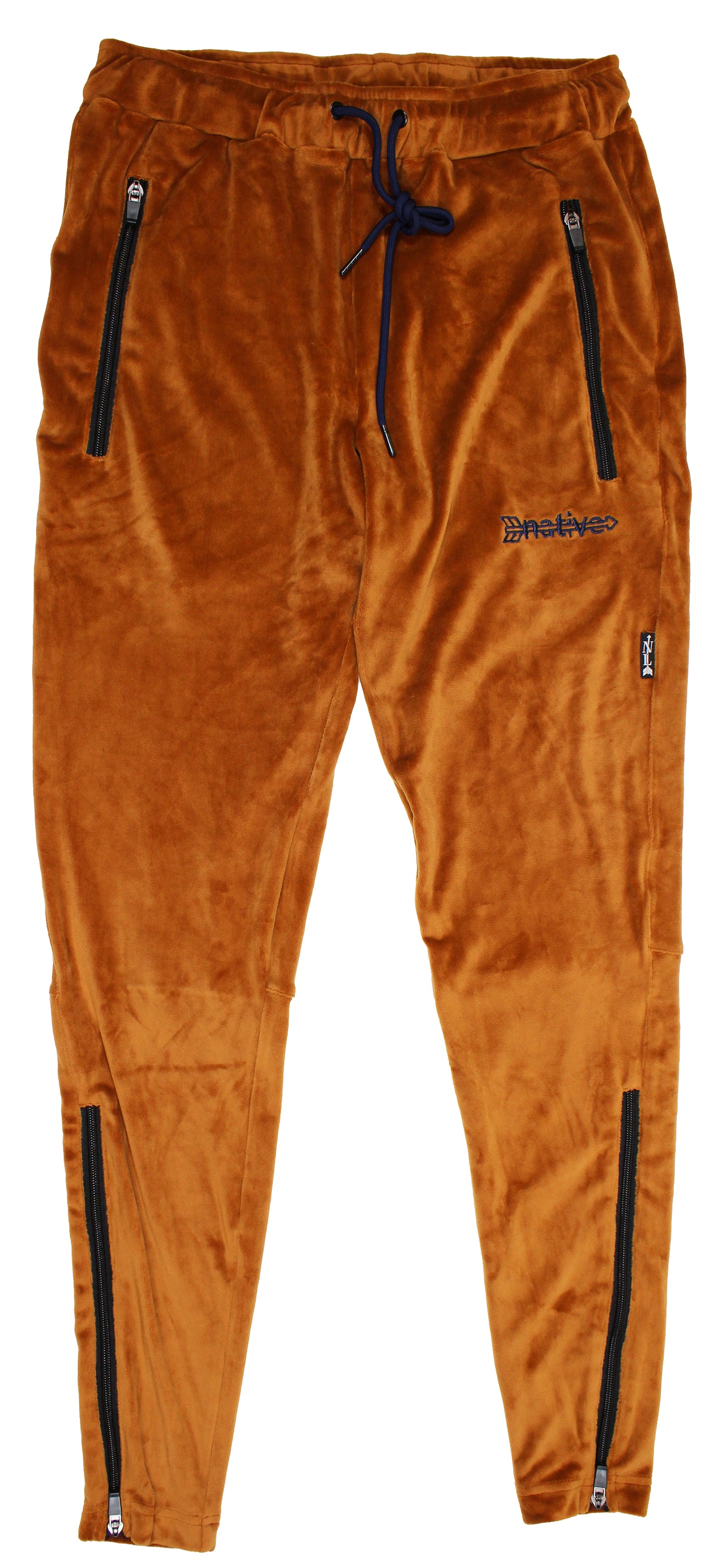 velour soccer sweats in camel/navy