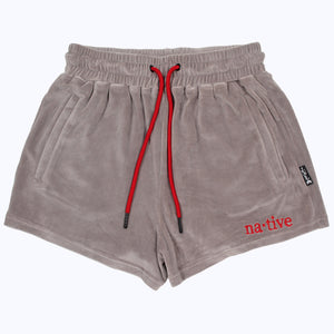 velour shorties in gray/red