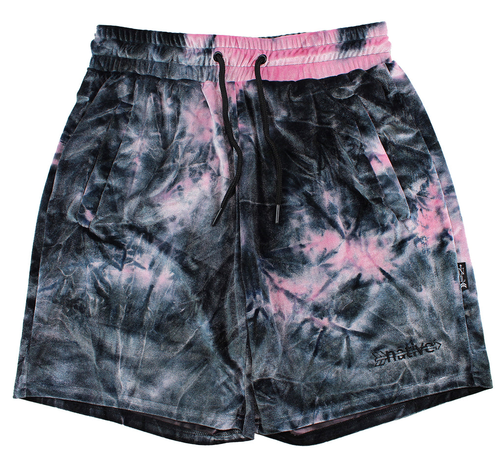 tie dye velvet shorts in black/pink