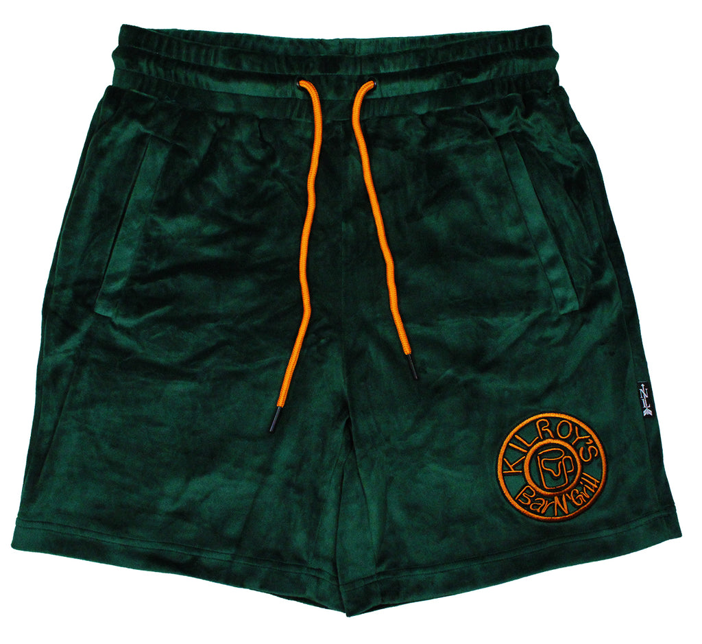velour shorts in forest green/gold with kilroys on kirkwood