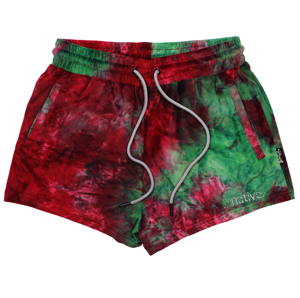 tie dye velour shorties in raspberry/watermelon