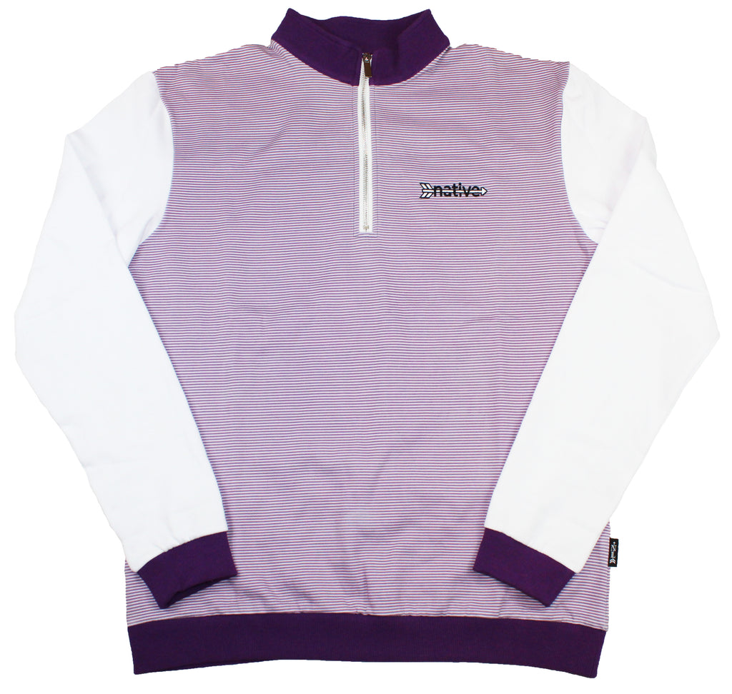 striped quarter zip pullover in white/purple
