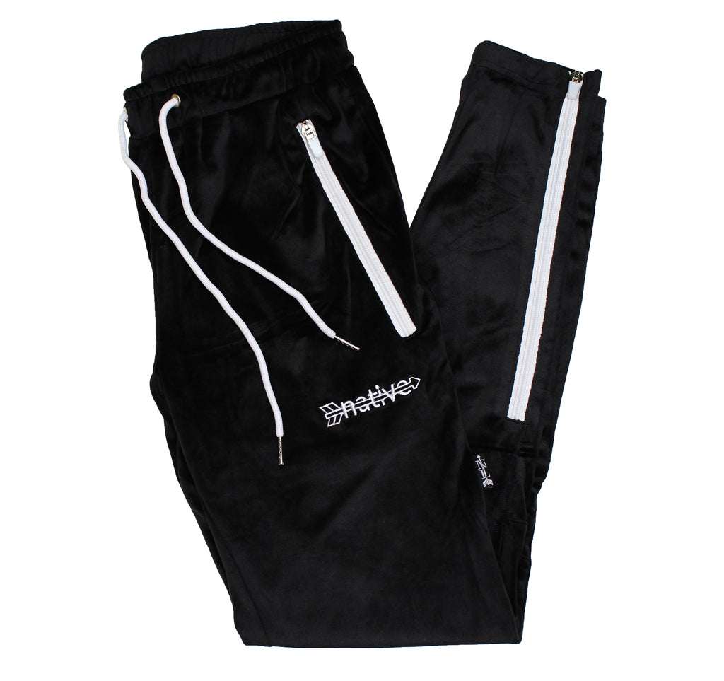 velour soccer sweats in black/white